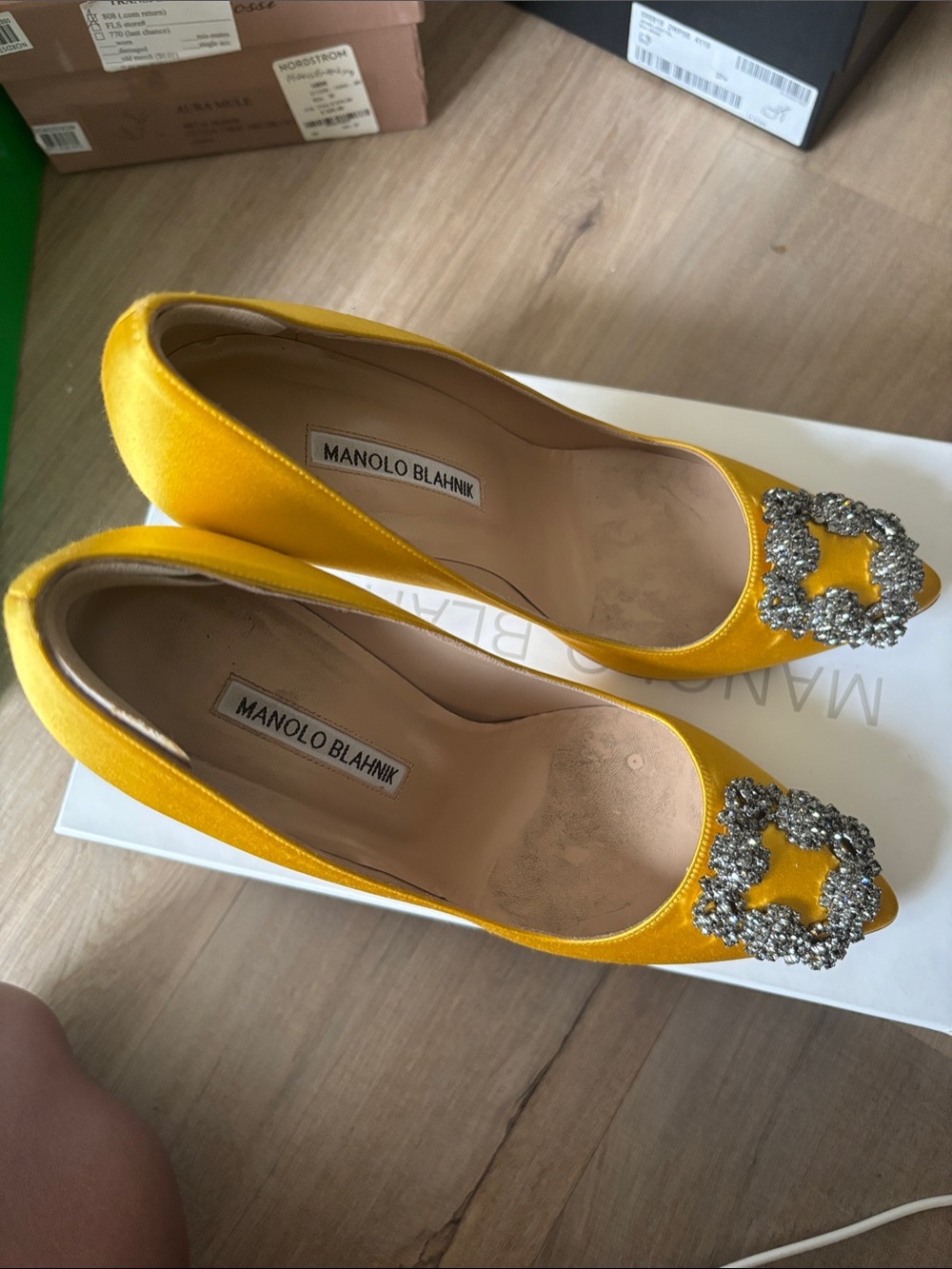 Manolo Blahnik Yellow Satin Crystal-Buckle Pumps